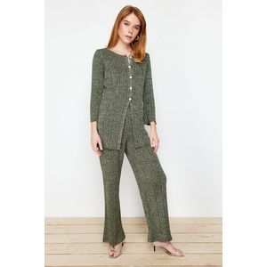 Trendyol Khaki Glitter Cardigan-Pants Knitwear Top and Bottom Set obraz