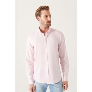 Pánská světle růžová oxfordská košile Avva ze 100% bavlny s knoflíkovým límečkem, běžný střih obraz
