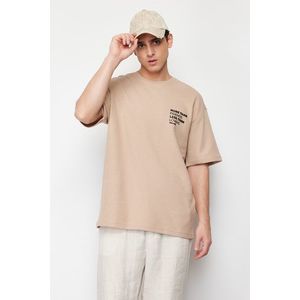 Trendyol Beige Oversize/Wide Cut Textured Waffle T-Shirt with Raised Text Printed Label obraz