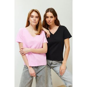 Trendyol Black-Pink Pack 100% Cotton V-Neck Knitted T-Shirt obraz