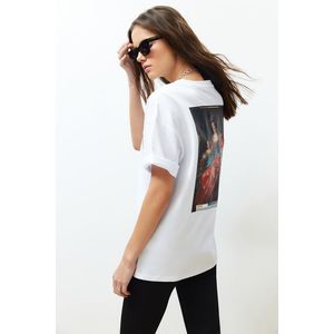 Trendyol White 100% Cotton Oversize/Wide-Fit Back and Front Printed Knitted T-Shirt obraz