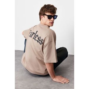 Trendyol Mink Oversize Text Printed Thick 100% Cotton T-Shirt obraz