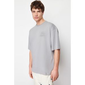 Trendyol Gray Oversize Relief Printed 100% Cotton T-Shirt obraz