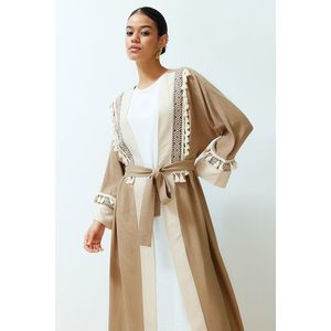 Trendyol Brown Belted Brode Detail Crinkle Woven Kimono & Kaftan & Abaya obraz