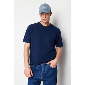 Trendyol Navy Blue Relaxed/Comfortable Cut 100% Cotton Knitwear Textured T-Shirt obraz
