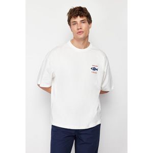Trendyol Ecru Oversize/Wide-Fit 100% Cotton Velvet Texture Printed T-Shirt obraz