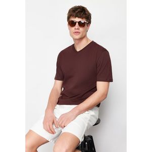 Trendyol Brown Slim/Slim V Neck 100% Cotton Basic T-Shirt obraz