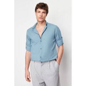 Trendyol Blue Slim Fit Button Collar 100% Cotton Shirt with Epaulettes obraz