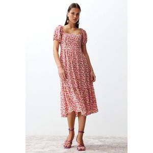 Trendyol Pink Floral Waist Opening Viscose Gimped Midi Woven Dress obraz