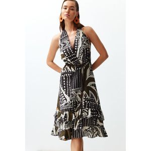 Trendyol Tropical Pattern Belt Maxi Woven Ruffled 100% Cotton Beach Dress obraz