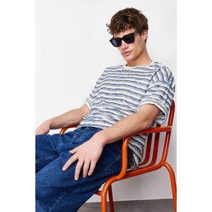 Trendyol Blue Oversize/Wide Cut Striped Labeled Short Sleeve Textured Linen-Cotton T-Shirt obraz