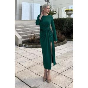 Madmext Emerald Green Basic Slit Detailed Long Sleeve Dress obraz