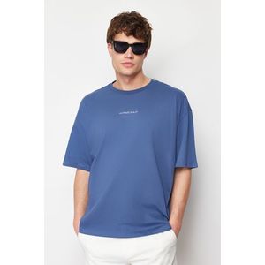 Trendyol Indigo Oversize 100% Cotton Text Embroidered T-Shirt obraz