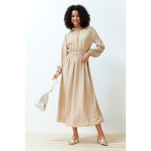 Trendyol Beige Stand Collar Waist and Sleeve Gather Detailed Woven Dress obraz