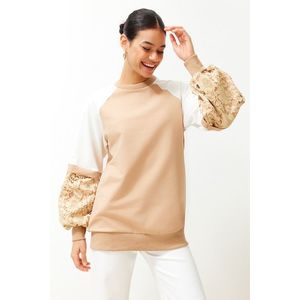 Trendyol Beige Sleeve Lace Detailed Knitted Sweatshirt obraz