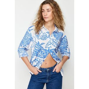 Trendyol Blue Lilies Fabric Patterned Oversize/Creature Woven Shirt obraz