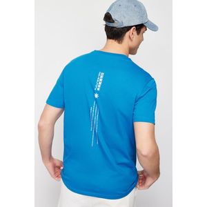 Trendyol Modré Regular/Regular Fit Tričko s potiskem textu a výšivkou, 100% bavlna, krátký rukáv obraz