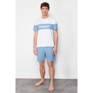 Trendyol Blue Regular Fit Motto Printed Knitted Shorts Pajamas Set obraz