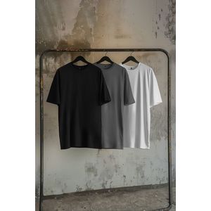 Trendyol Black-Anthracite-Ecru Oversize 3-Pack Basic 100% Cotton T-Shirt obraz
