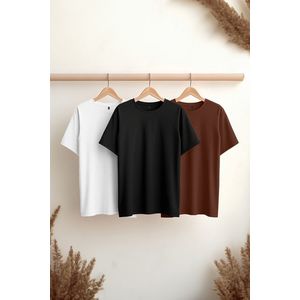 Trendyol Black-Brown-White Basic Slim Fit 100% Cotton 3-Pack T-Shirt obraz