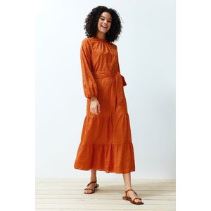 Trendyol Cinnamon High Collar Lace Lined Woven Guipure/Brode Dress obraz