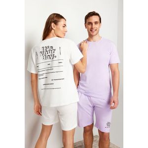 Trendyol Women's Couple Ecru 100% Cotton Slogan Printed Knitted Pajama Set obraz