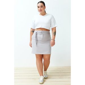 Trendyol Curve Gray High Waist Double Belt Detailed Woven Skirt obraz