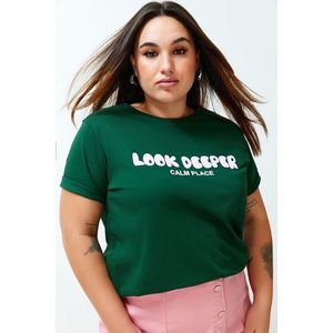 Trendyol Curve Dark Green Slogan Printed Boyfriend Knitted T-shirt obraz