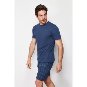 Trendyol Navy Blue Printed Regular Fit Knitted Shorts Pajamas Set obraz