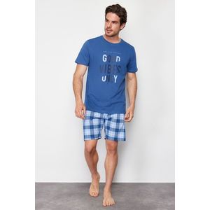 Trendyol Indigo Plaid Regular Fit Knitted Pajama Set with Shorts obraz