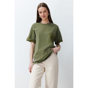 Trendyol Khaki Label Detailed Antique/Pale Effect Oversize/Wide Cut Cotton Knitted T-Shirt obraz