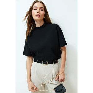 Trendyol Black 100% Cotton Stand Collar Three Quarter Sleeve Knitted T-Shirt obraz