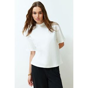 Trendyol White 100% Cotton Stand Collar Three Quarter Sleeve Knitted T-Shirt obraz