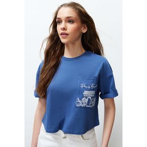 Trendyol Indigo 100% Cotton Pocket Embroidery Detail Crop Knitted T-Shirt obraz