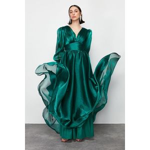 Trendyol Smaragdově Zelené Tylové Dlouhé Elegantní Večerní Šaty obraz