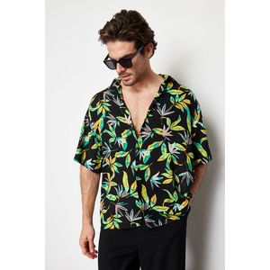 Trendyol Black Oversize Fit Leaf Printed 100% Viscose Short Sleeve Flowy Summer Shirt obraz