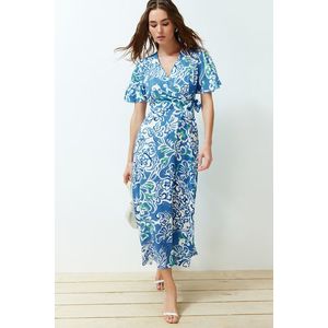 Trendyol Blue Floral Double Breasted Viscose Midi Woven Dress obraz