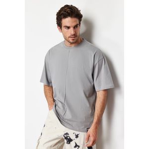 Trendyol šedé oversize tričko s detaily švů ze 100% bavlny obraz