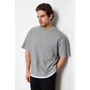 Trendyol Gray Oversize Piece Detailed Textured 100% Cotton T-Shirt obraz
