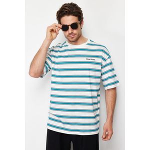 Trendyol Green Oversize Embroidered Striped 100% Cotton T-Shirt obraz