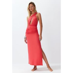 Trendyol Red Fitted Maxi Knitted Cut Out/Window One-Shoulder Beach Dress obraz