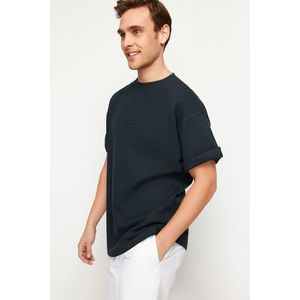 Trendyol Premium Smoky Oversize/Wide Fit Textured Ruffle Text Printed Short Sleeve T-Shirt obraz