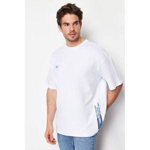 Trendyol White Oversize Text Printed 100% Cotton T-Shirt obraz