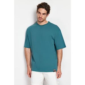 Trendyol Emerald Green Oversize Stitch Detail 100% Cotton T-Shirt obraz