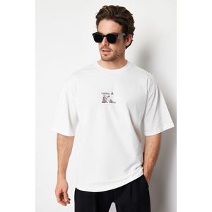 Trendyol Ecru Oversize Skateboard Printed 100% Cotton T-Shirt obraz