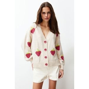 Trendyol Stone Soft Texture Strawberry Embroidered Knitwear Cardigan obraz
