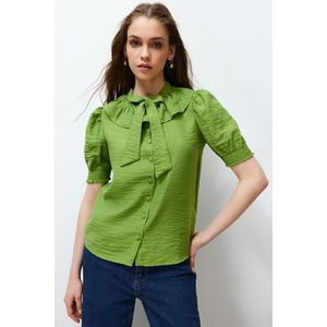 Trendyol Green Collar Tie Detailed Short Sleeve Regular Fit Woven Shirt obraz
