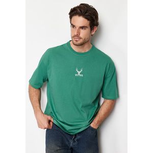 Trendyol Green Oversize Deer Embroidered 100% Cotton T-Shirt obraz