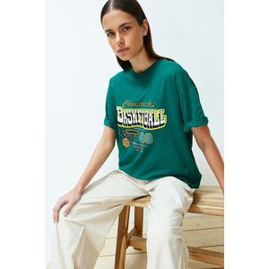 Trendyol Emerald Green Oversize Printed Crew Neck Short Sleeve Knitted T-Shirt obraz