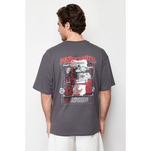 Trendyol Anthracite Oversize/Wide-Fit 100% Cotton Printed Back T-shirt obraz